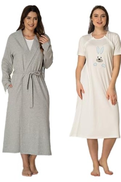 Kadın Mavi Tavşanlı Spor Sabahlıklı Hamile Lohusa Gecelik Takımı, XL, HW2071EF-86D0018319515