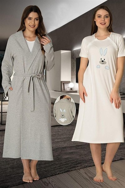 Kadın Mavi Tavşanlı Spor Sabahlıklı Hamile Lohusa Gecelik Takımı, XL, HW2071EF-86D0018319515