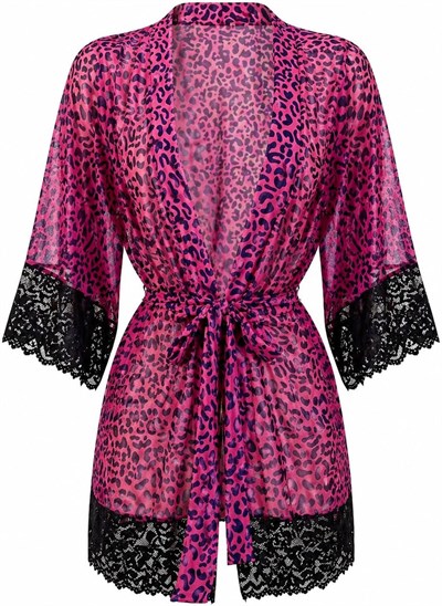 Kadın Mor Leopar Desenli Sabahlık Tanga Takım - 3596 Mor/Leopar L/XL