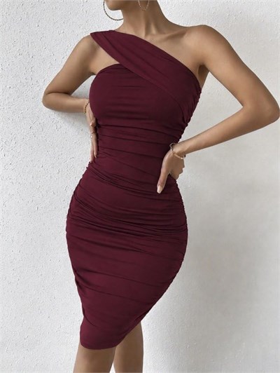 Kadın Omuzlardan Açık Omuzdan Geçen Asimetrik şerit Detaylı Büzgülü Kısa Dalgıç Elbise - Seçenekler: 2XL-3XL, S-M, L-XL