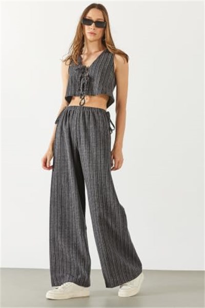 Kadın Önü Bağlamalı Keten Görünümlü Yelek - Siyah - Bedenler: XS, S, M, L, XL