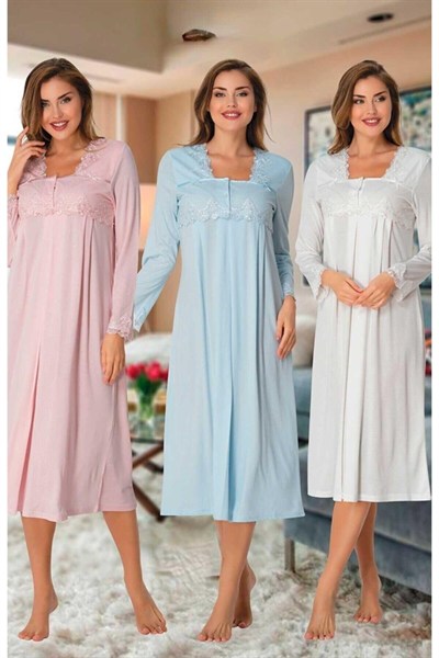 Kadın Pembe Dantelli Hamile Lohusa Gecelik, L, 7013-89C0018314204