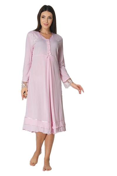 Kadın Pembe Dantelli Hamile Lohusa Gecelik, XL, EF2423EFRT-19804IGP268988