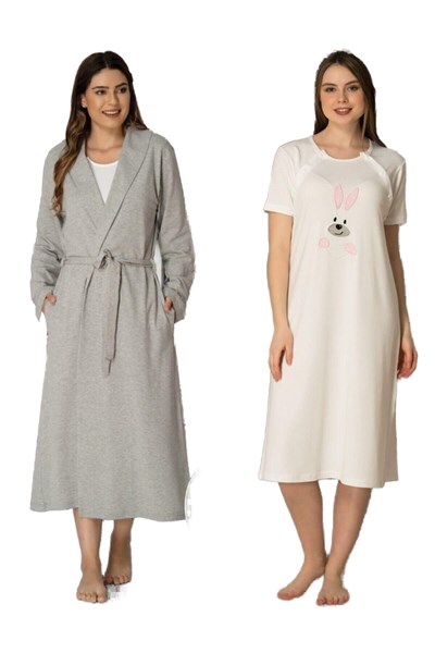 Kadın Pembe Tavşanlı Spor Sabahlıklı Hamile Lohusa Gecelik Takımı, 2XL, HW2071EF-89C0018314555