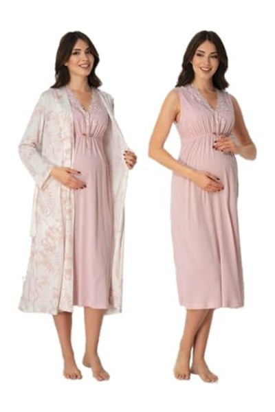 Kadın Pudra Pembe Hamile Lohusa Sabahlık Ve Gecelik Takım, XL, BS8035EF-86D0018320418