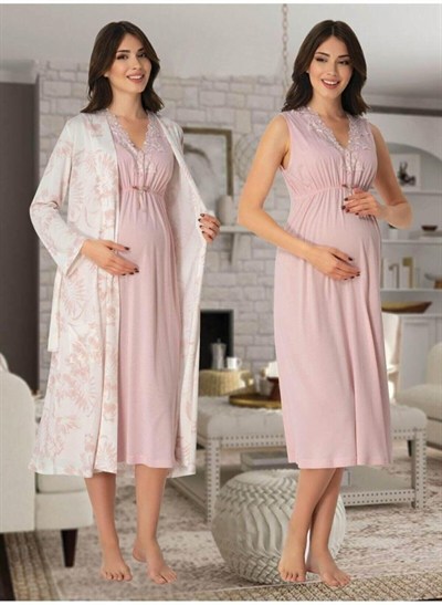 Kadın Pudra Pembe Hamile Lohusa Sabahlık Ve Gecelik Takım, L, BS8035EF-86D0018320429