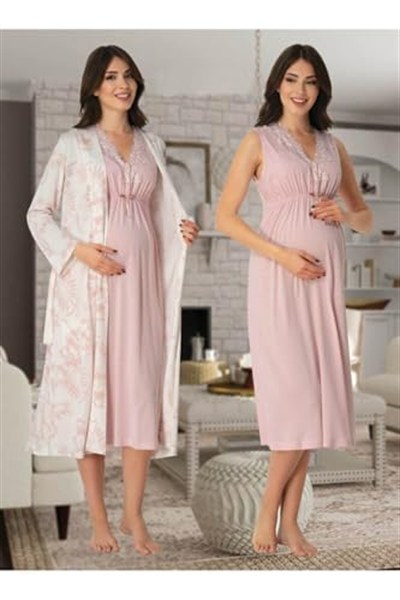 Kadın Pudra Pembe Hamile Lohusa Sabahlık Ve Gecelik Takım, XL, BS8035EF-86D0018320418