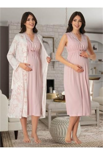 Kadın Pudra Pembe Hamile Lohusa Sabahlık Ve Gecelik Takım, S, BS8035EF-89C0018315770