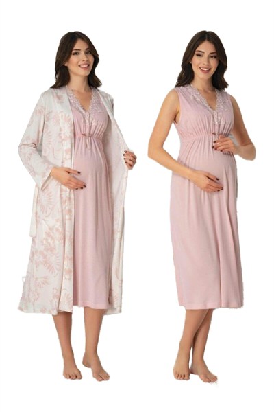 Kadın Pudra Pembe Hamile Lohusa Sabahlık Ve Gecelik Takım, L, BS8035EF-86D0018320429