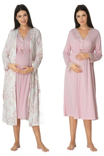 Kadın Pudra Sabahlıklı Hamile Lohusa Gecelik Takım, 2XL, EF8095EF-86D0018318353