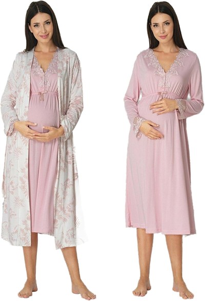 Kadın Pudra Sabahlıklı Hamile Lohusa Gecelik Takım, M, EF8095EF-89C0018315039