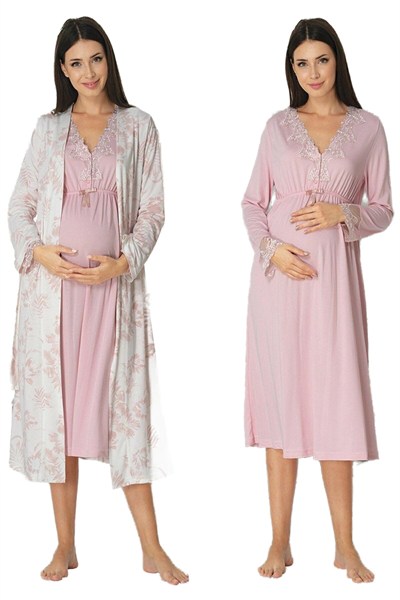 Kadın Pudra Sabahlıklı Hamile Lohusa Gecelik Takım, L, EF8095EF-86D0018320123