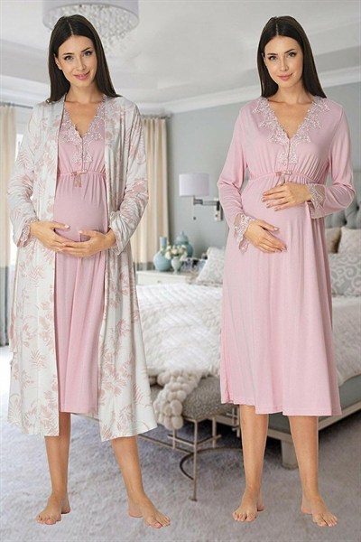 Kadın Pudra Sabahlıklı Hamile Lohusa Gecelik Takım, M, EF8095EF-89C0018315039