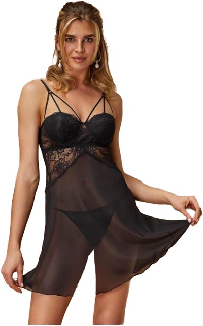 Kadın Siyah Destekli Sütyen Kaplı Transparan Babydoll Gecelik Takımı