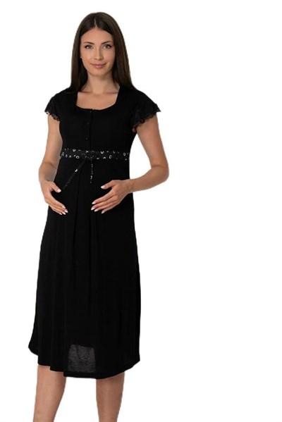 Kadın Siyah Hamile Lohusa Kısa Kollu Gecelik (Siyah / 2XL)