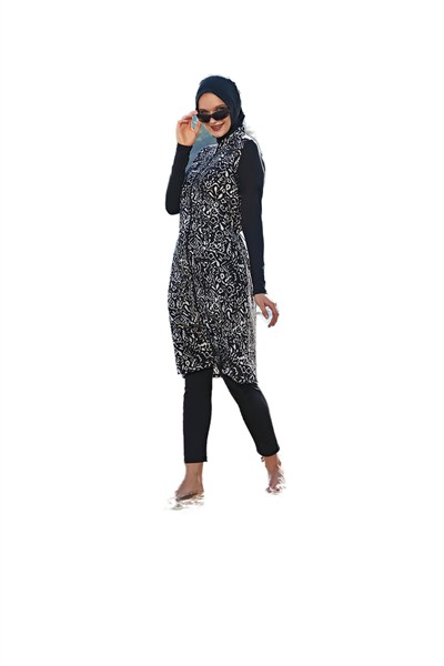 Kadın Uzun Kol Fermuarlı Likralı Uzun Siyah Tam Tesettür Mayo 2C3T1N17-2