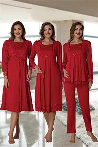 Kadın Vişne Hamile Lohusa Sabahlıklı Gecelik vePijama Takım (Kırmızı/M)