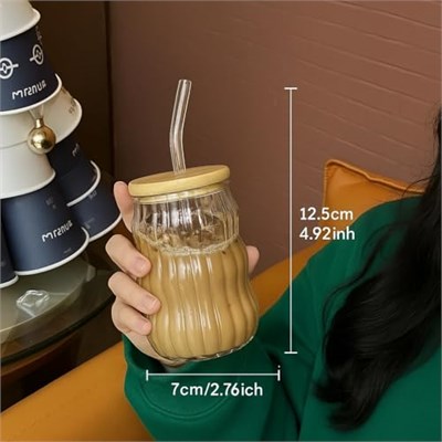 Kahve Bardağı Isıya Dayanıklı Ice Latte Cam Pipetli Bardak Kahve Kokteyl Cam Sunum Bardağı Meşrubat Kapaklı Bardak 400ml (tek, adet, 2)