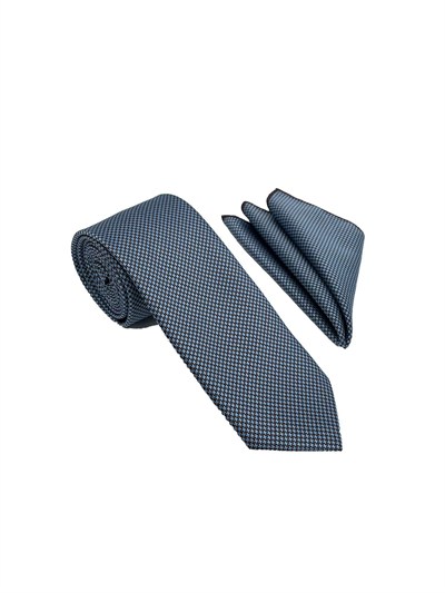 Kahve Mavi Desenli Kravat Mendil Set