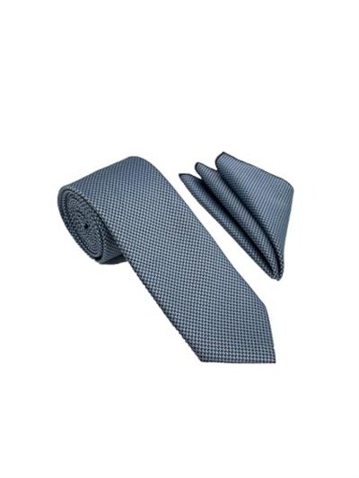 Kahve Mavi Desenli Kravat Mendil Set