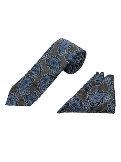 Kahve Mavi Şal Desen Kravat Mendil Set