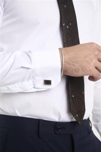 Kahverengi Beyaz Şal Desen Kravat Mendil Kol Düğmesi Hediyelik Set