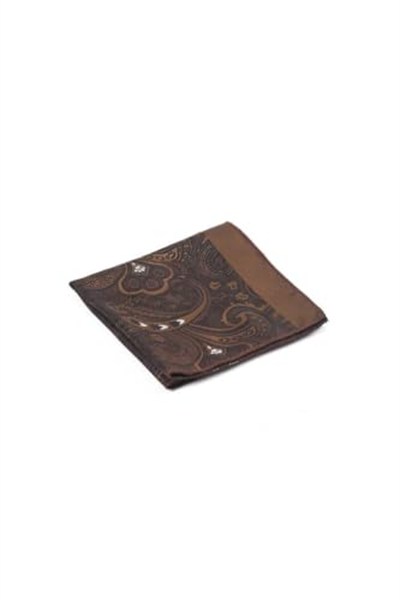 Kahverengi Beyaz Şal Motif Desen Kravat Mendil Set