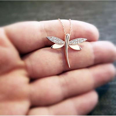Kanatları Taşlı Rose Gümüş Yusufçuk Kolye