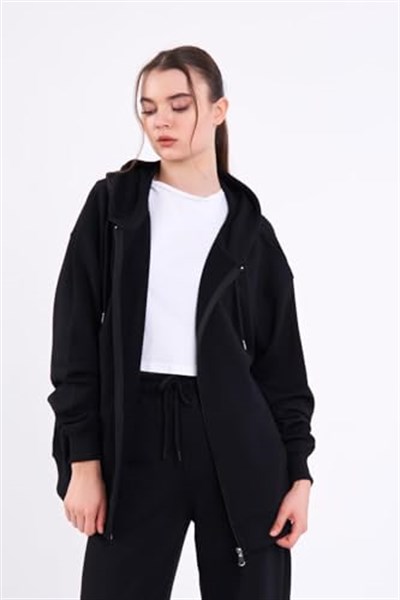 Kanguru Cepli Kapüşonlu Fermuarlı Oversize Kadın Sweatshirt
