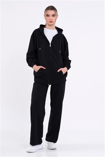 Kanguru Cepli Kapüşonlu Fermuarlı Oversize Kadın Sweatshirt