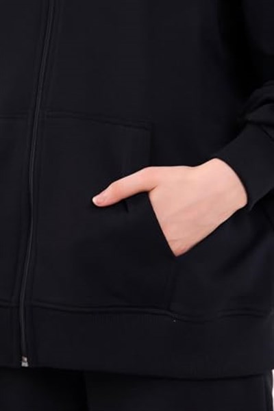 Kanguru Cepli Kapüşonlu Fermuarlı Oversize Kadın Sweatshirt