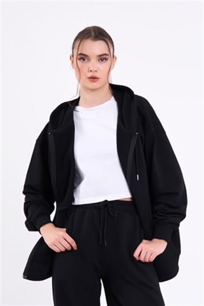 Kanguru Cepli Kapüşonlu Fermuarlı Oversize Kadın Sweatshirt