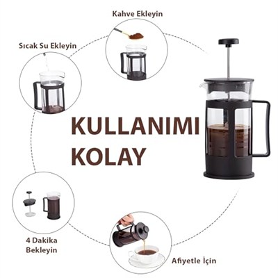 Kanji 350 ml Cam French Press – Isıya Dayanıklı Cam, Paslanmaz Çelik Filtreli, Siyah Renkli Kahve ve Bitki Çayı Demliği