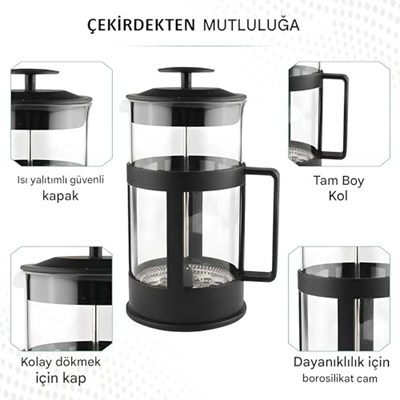 Kanji 350 ml Cam French Press – Isıya Dayanıklı Cam, Paslanmaz Çelik Filtreli, Siyah Renkli Kahve ve Bitki Çayı Demliği