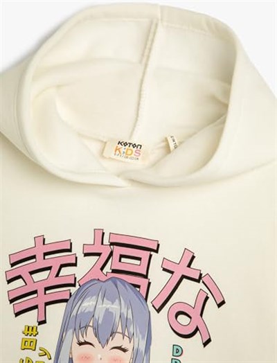 Kapşonlu Sweatshirt Anime Baskılı Uzun Kollu Şardonlu