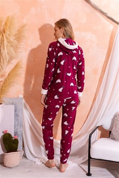Kapüşonlu Kışlık Kadın Peluş Polar Pijama Takımı - Yeni Yıl Pijaması