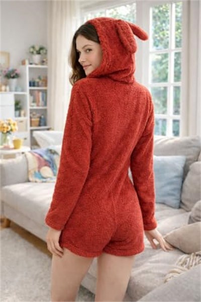 Kapüşonlu Kulaklı Peluş Şort Tulum – Yumuşak, Sıcak ve Konforlu Ev Giyimi- Fermuarlı - Bedenler: S, M, L, XX-Large, XL