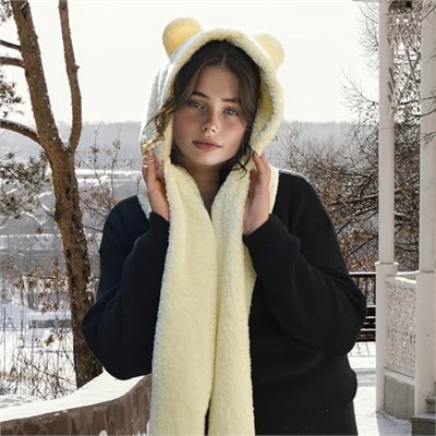 Kapüşonlu Peluş Bere, Pelüş Atkı,Rüzgar Geçirmez Atıkı, Yumuşacık Welsoft Polar Boyunluk Şalı,Pelüş Boyunluk,Ayıcıklı Atkı