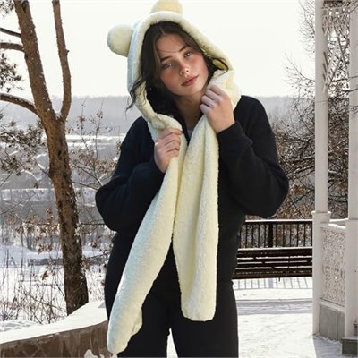 Kapüşonlu Peluş Bere, Pelüş Atkı,Rüzgar Geçirmez Atıkı, Yumuşacık Welsoft Polar Boyunluk Şalı,Pelüş Boyunluk,Ayıcıklı Atkı