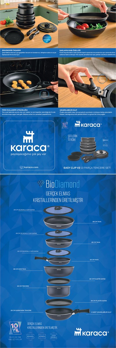 Karaca Biodiamond Easy Clip Çıkarılabilir Saplı 12 Parça Tencere ve Tava Seti