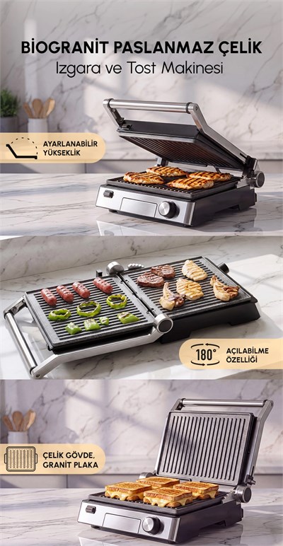 Karaca Biogranit 6 Dilim Kapasiteli Paslanmaz Çelik Izgara ve Tost Makinesi Inox 2000W