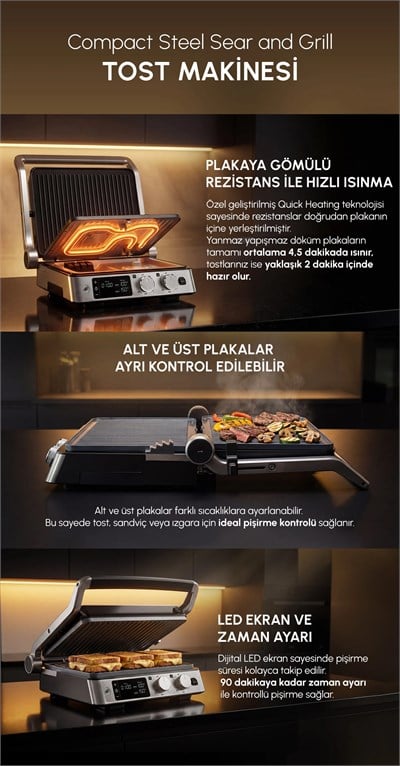 Karaca Compact Steel Sear and Grill Inox 2008 Döküm Izgara ve Tost Makinesi 6 Dilim Kapasiteli