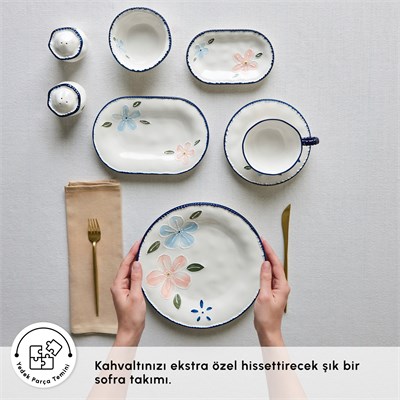 Karaca Forever Bone Perla Bloom 28 Parça 6 Kişilik Kahvaltı Takımı Lacivert