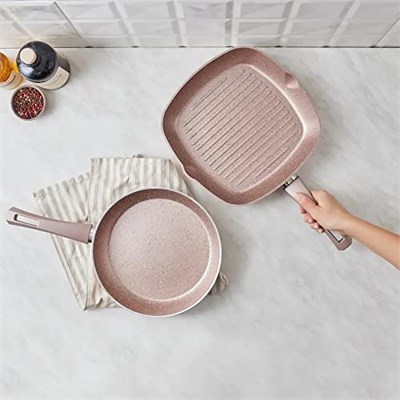 KARACA Gris BioGranit Yapışmaz Tava Seti, 2 Parça, Pembe Altın, Sağlıklı Yapışmaz Kaplama, Çiziklere Karşı 7 Kat Daha Dayanıklı, Izgara ve Kızartma Tavası Seti, Kullanışlı, Temizlemesi Kolay