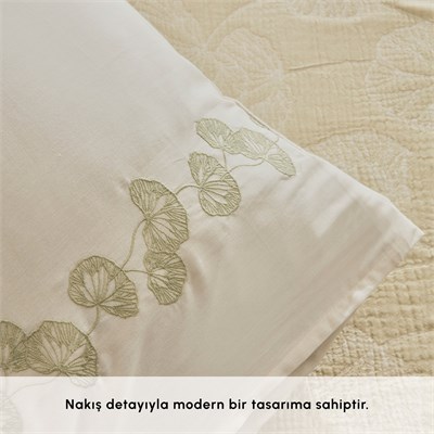 Karaca Home Ginkgo Leaf Müslin Nakışlı Çift Kişilik Pike Takımı Adaçayı