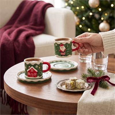Karaca New Year Yılbaşı Santa House 2 Kişilik Kahve Fincan Takımı 110 ml