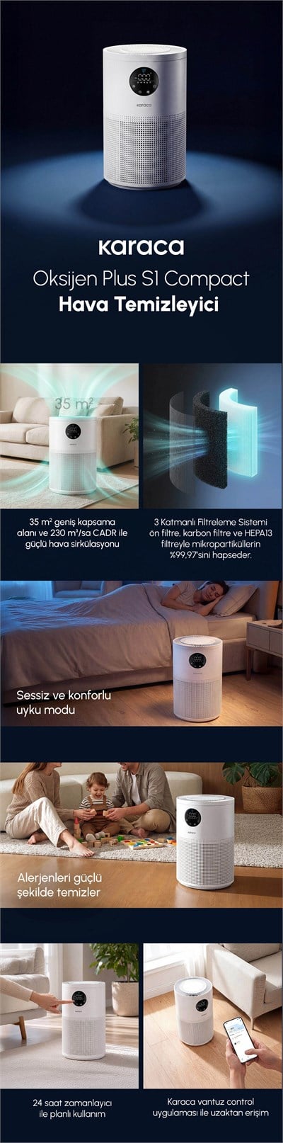 Karaca Oksijen Plus S1 Compact Hava Temizleyici HEPA Filtreli (True HEPA / H13) ve Akıllı Lazer Sensörlü Matte White