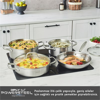 Karaca Power Steel 316+ 3Ply Akita İndüksiyon Tabanlı 7 Parça Çelik Tencere ve Tava Seti