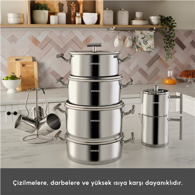 Karaca Powersteel 316+ Vanilla 15 Parça Çelik Tencere Çaydanlık ve Cezve Seti