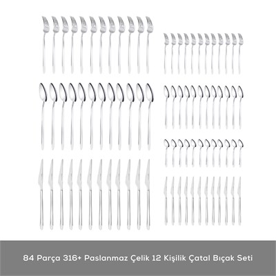 Karaca Red Carpet Collection 316 Premium Stark Platin 12 Kişilik 84 Parça Çatal Kaşık Bıçak Takımı